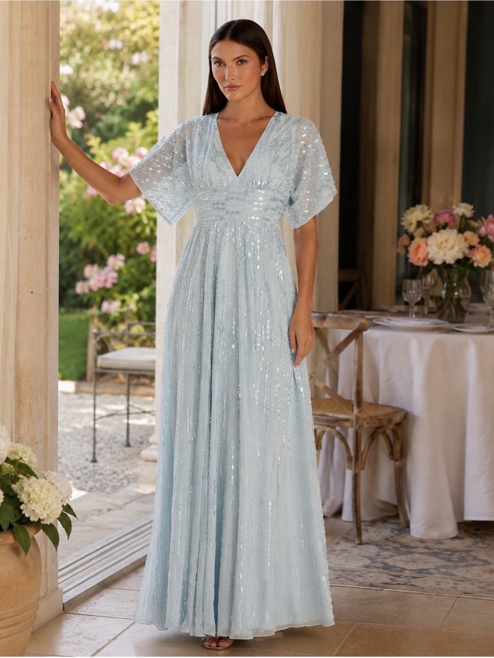 MAC DUGGAL Blue Embellished V Neck Evening Gown Powder Blue 10807 NWT